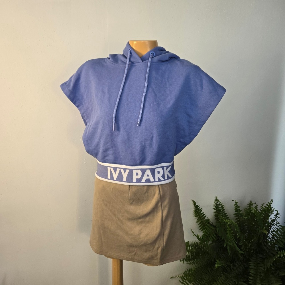 Ivy Park Womens Cropped Banded Hoodie XS Blue Sleeveless Back Cutout Logo‎